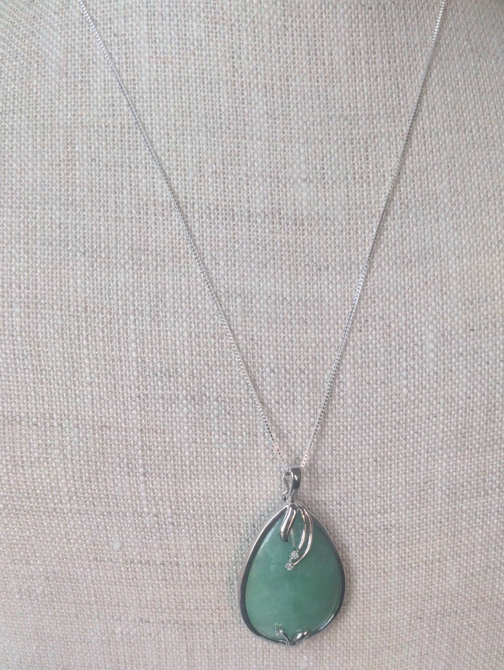 Sterling Silver Jade Teardrop Enhancer Pendant Necklace, New, Diamond Accents